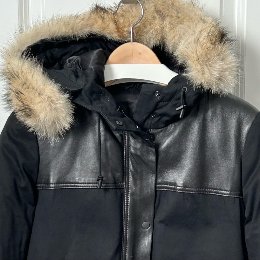 DANIER Down Filled Leather Accent Bomber w Detachable Coyote Fur Hood Trim - Picture 5 of 17